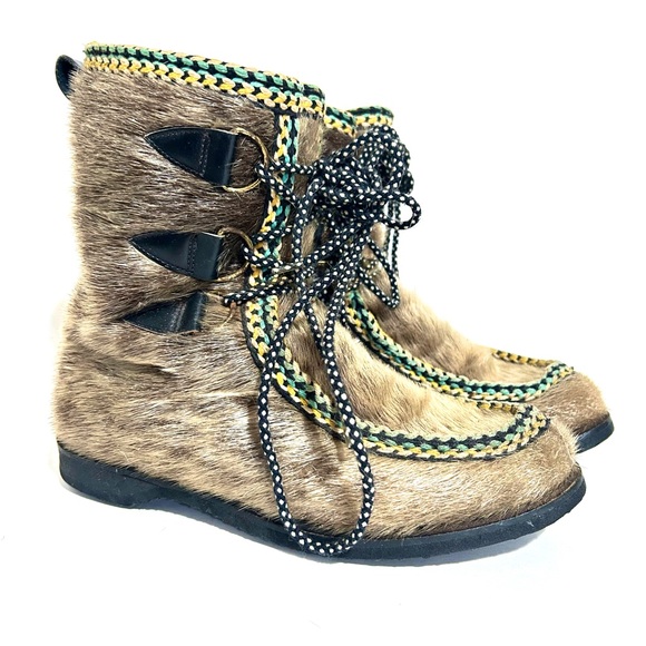 Vintage 80s Seal Skin Lace Up Winter Boots Shearling Braided & Leather Trim 6.5 - Picture 1 of 16